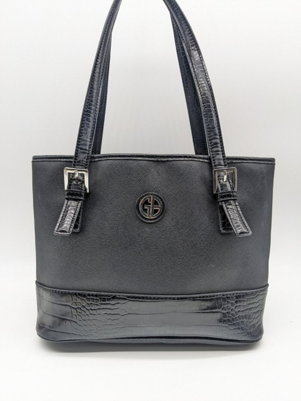 GIANI BERNINI Saffiano croc trim triple compartment tote shoulder bag - BLACK